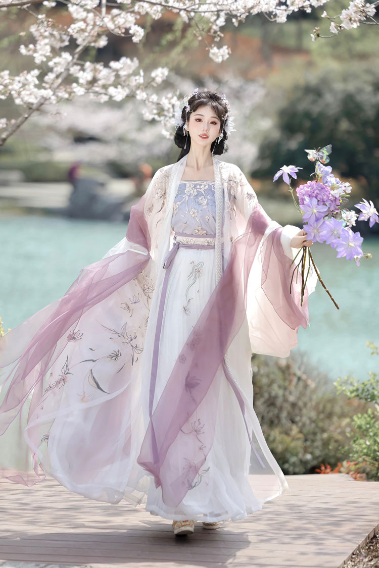 Violet Qing Dynasty Embroidered Ruffled Hanfu Set