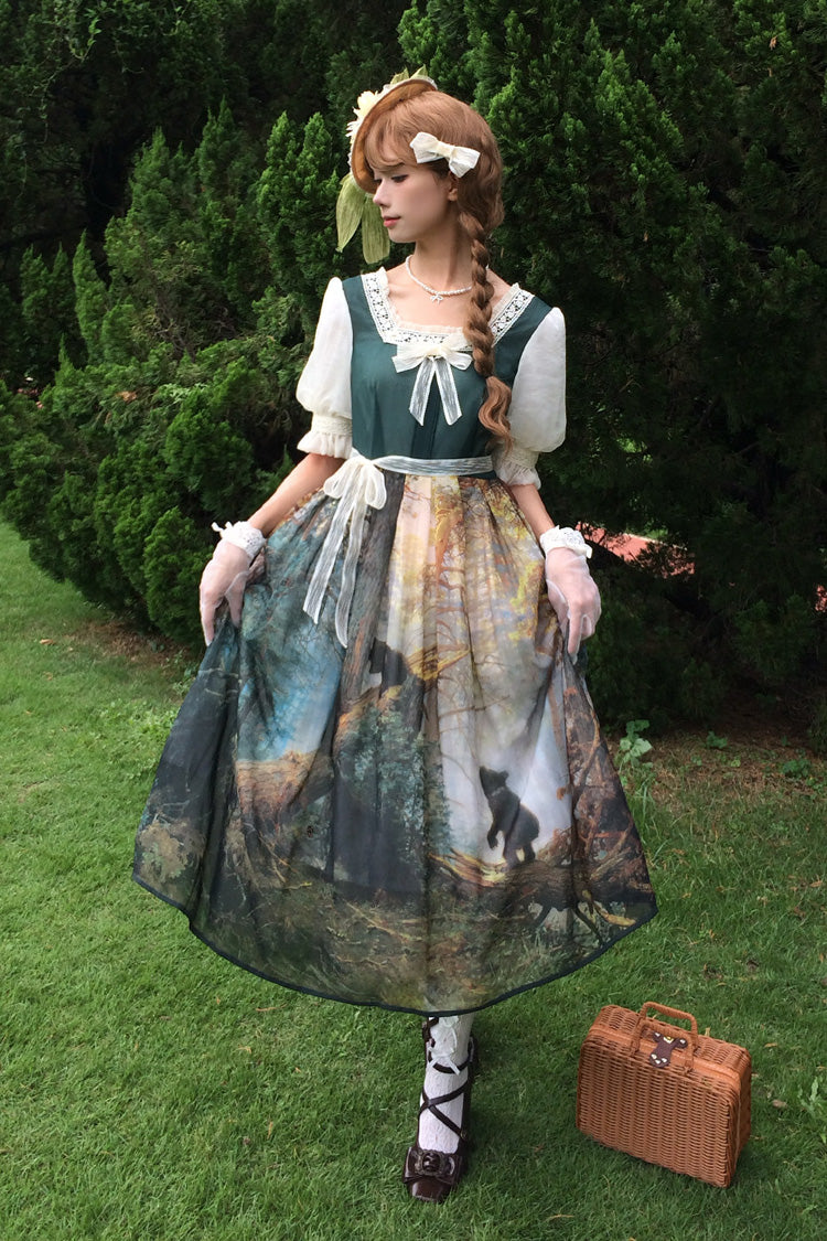Oil Painting Square-Collar Lolita Dress with Tie-Dye Print