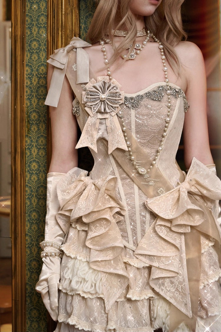 Light Brown Slavic Noble Lady Sleeveless Multi-Tiered Sparkling Diamonds Ruffled Bow Lace-Up Irregular Gothic Elegant Lolita Skirt Corset Set