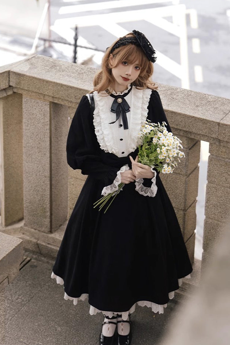 Black-White Silent Poetry Nun Bowknot Long Sleeve Gothic Lolita Dress