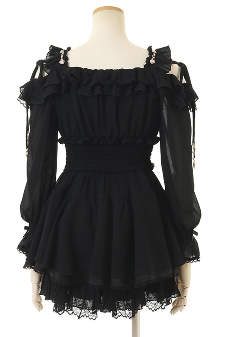 Black Floral Print Off-Shoulder Ruffle Lace-Up Skirt Set