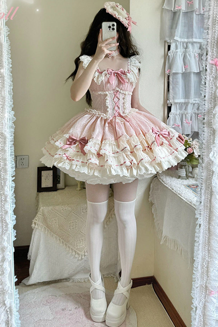 Pink Double-Layered Ruffled Bow Lace-Up Sweet Ballet JSK - Flory Butterfly