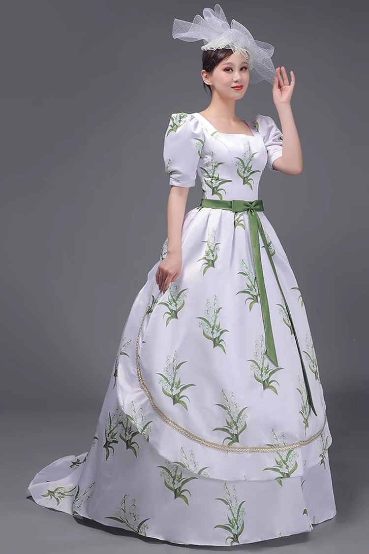 White Green Printed Victorian Dress - Sweet Vintage Court