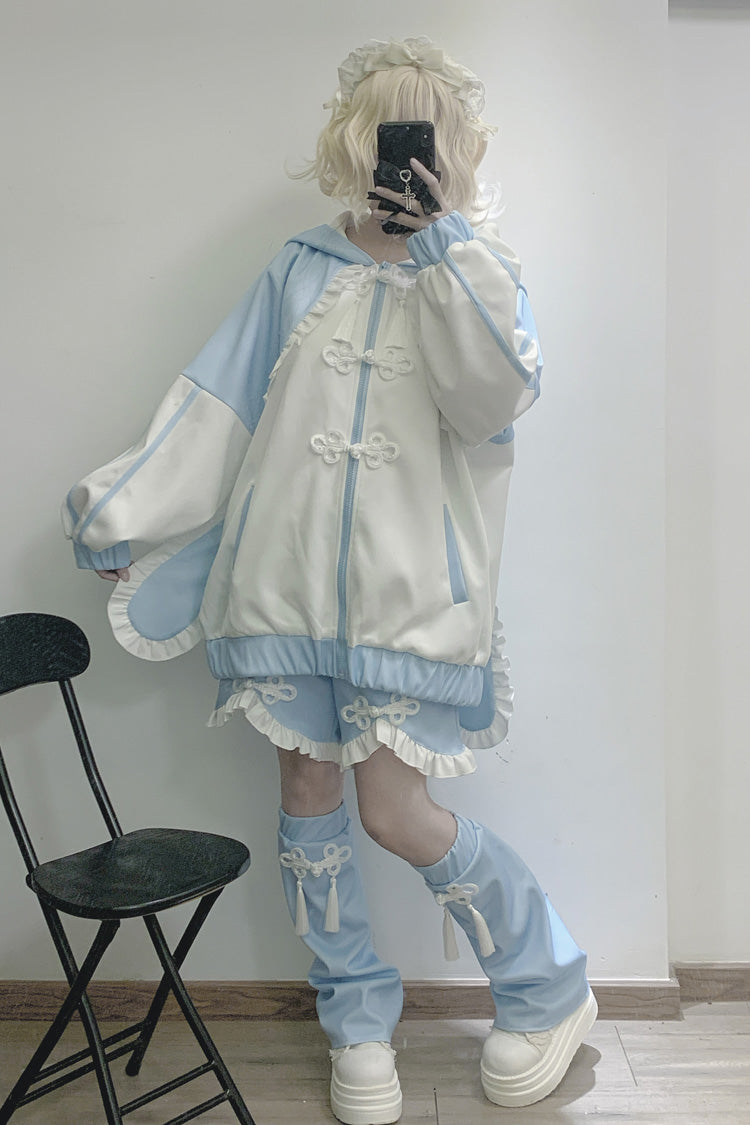 Ivory and Blue Bunny-Eared Hooded Ruffle Jacket - Jirai Style