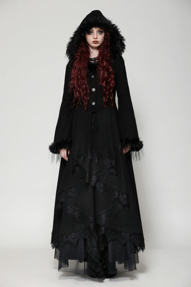 Charcoal Hooded Romantic Coat with Flared Sleeves and Buttons