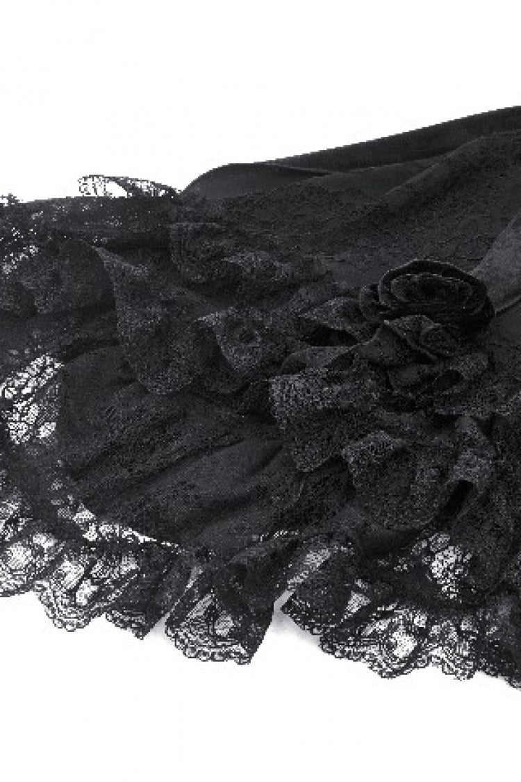 Jet-Black Gothic Cape with Flared Sleeves and Ruffled Lace Trim