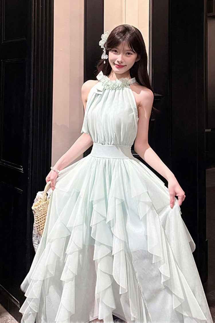 Green Halterneck Ruffled Irregular Sweet Dress