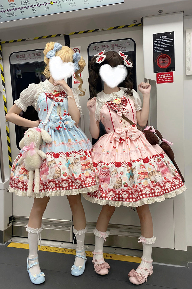 Sleeveless Bow Lace Sweet Lolita Strap Dress with Print - Strawberry Cake Kitty