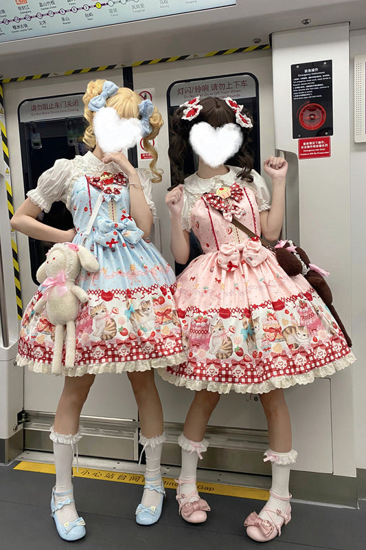 Sleeveless Bow Lace Sweet Lolita Strap Dress with Print - Strawberry Cake Kitty