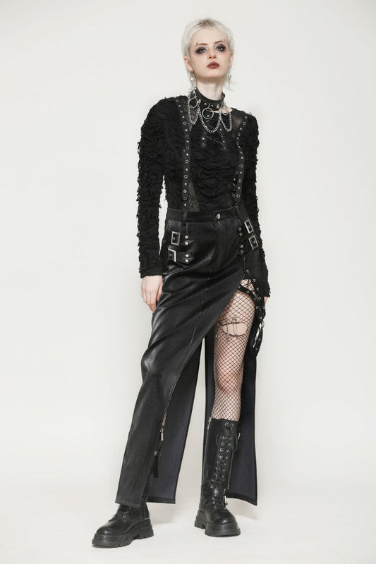Coal Leather Skirt with Buckle Accents and Side Slit
