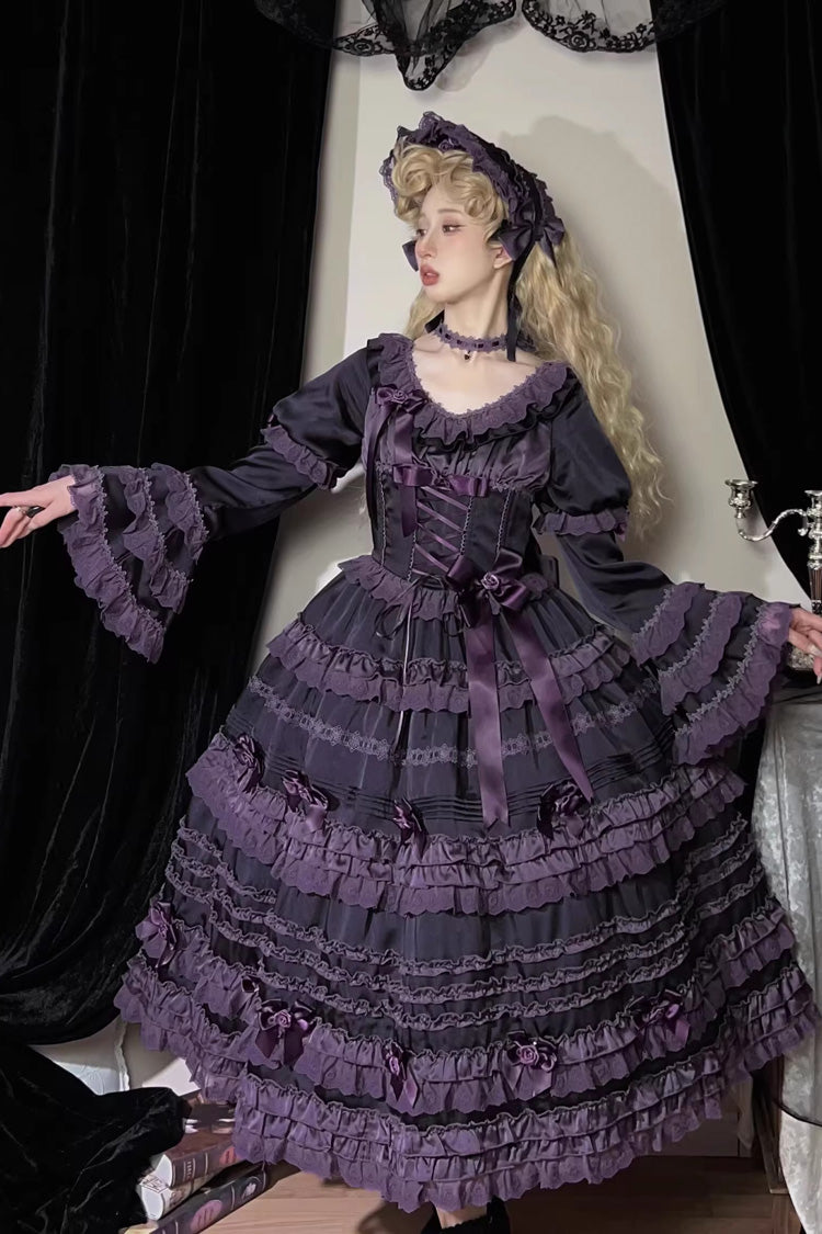 Violet Layered Blackcurrant Short Sleeve Ruffled Bow Lace Lolita Dress