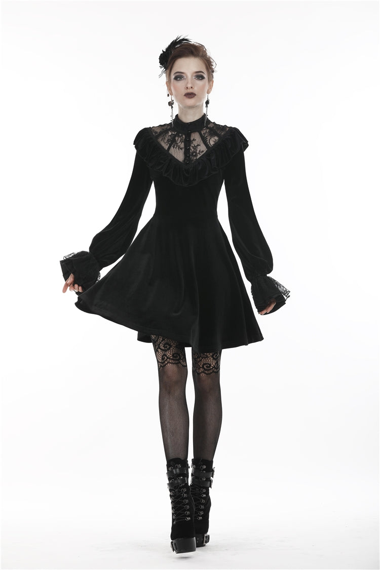 Deep V-Neck Ruched Velvet Lolita Dress with Lace Details