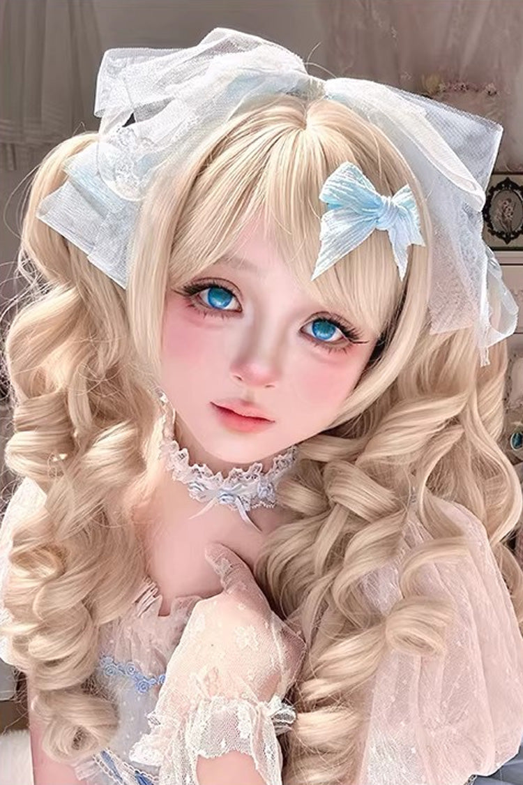 Elegant Pearl-Trimmed Beige Curly Twin-Tail Lolita Hairpiece