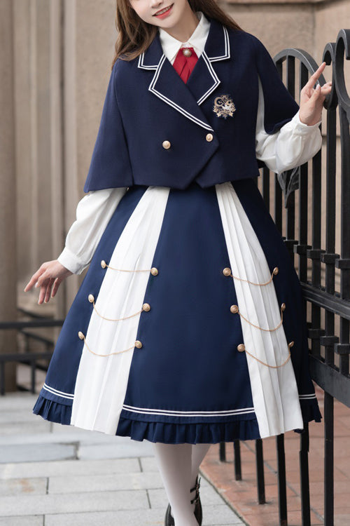 Cerulean and Ivory Double-Breasted High Waist College Style Sweet Lolita Full Set with Suit Collar