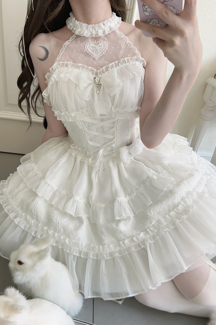 White Sweet Lolita JSK Halterneck Triple Layered Bowknot Lace