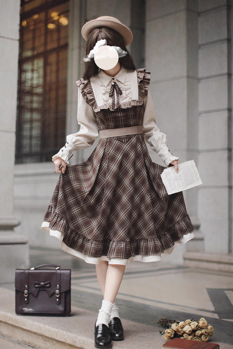 Brown Print Long Sleeve Fake Two Piece Vintage College Dress - The Thames at Dusk