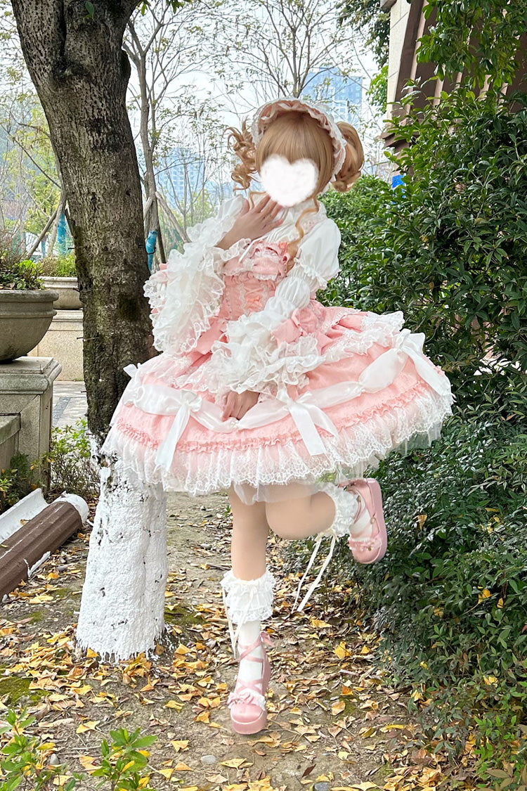 Pink Sleeveless Multi-Layer Ruffle Bow Lace Sweet Plus JSK Dress