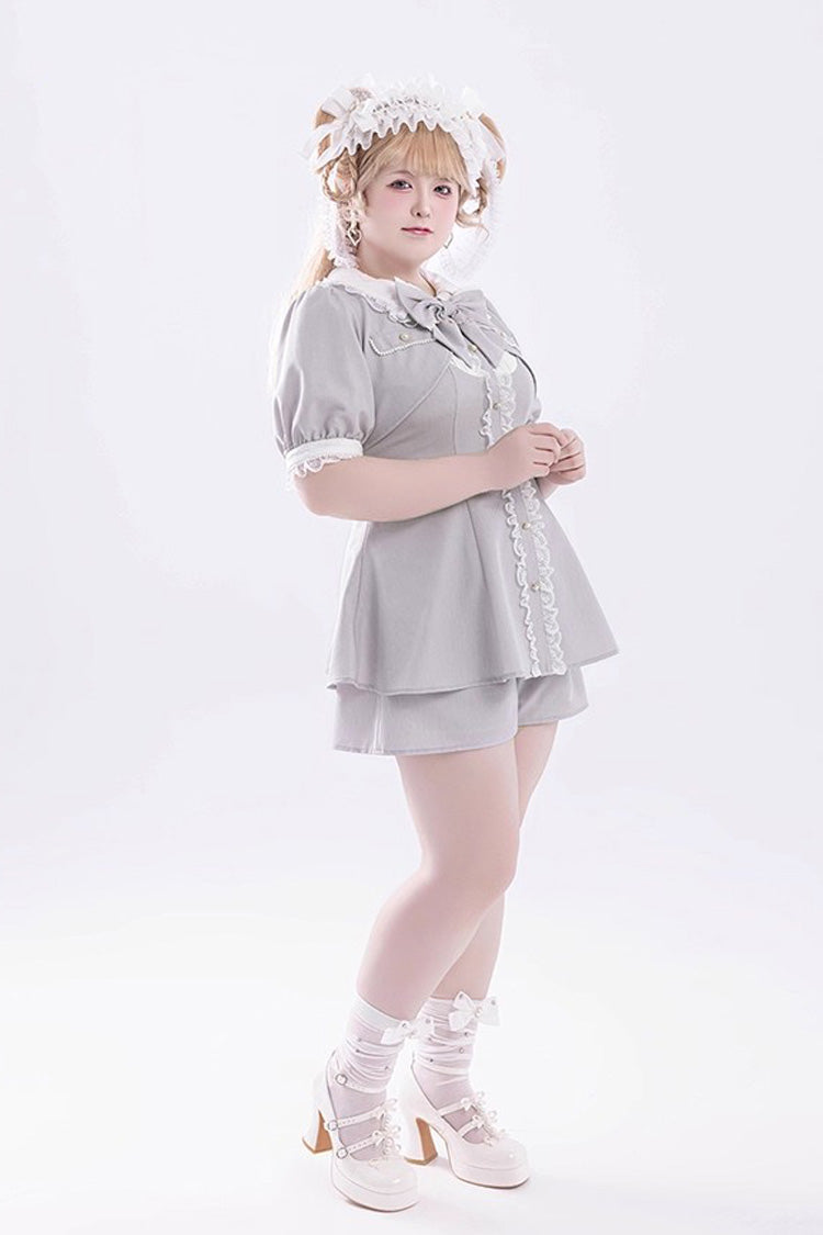 Grey Short Sleeves Ruffle Bowknot Fake Two Pieces Jirai Kei Japanese Dress Shorts