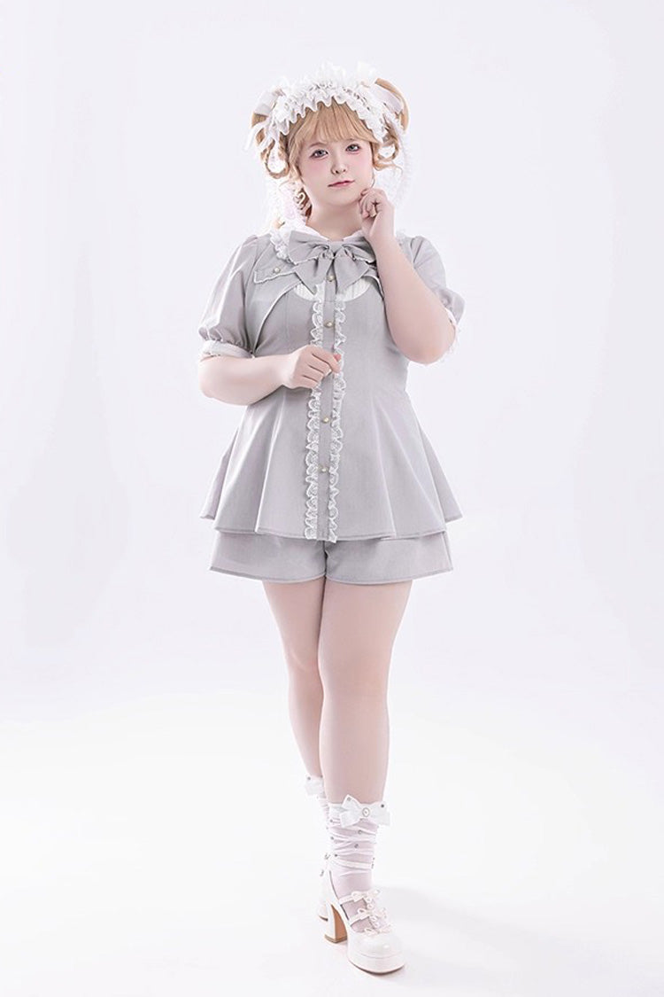 Grey Short Sleeves Ruffle Bowknot Fake Two Pieces Jirai Kei Japanese Dress Shorts