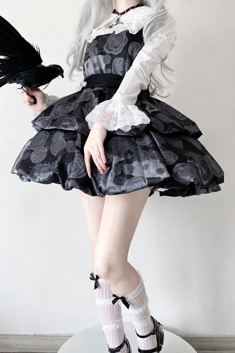 Midnight Rose Print Two-Layer Bowknot Gothic Lolita JSK Dress