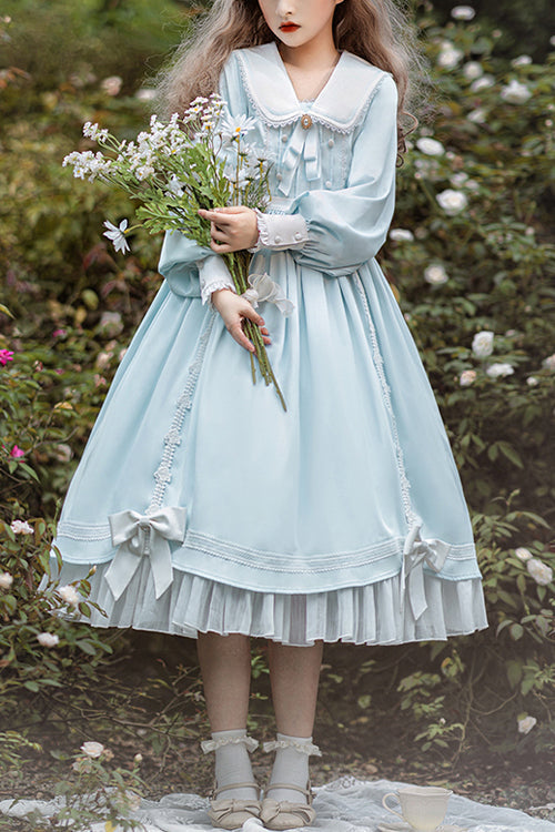 High Waist Sweet Lolita OP Dress with Doll Collar and Lantern Sleeves