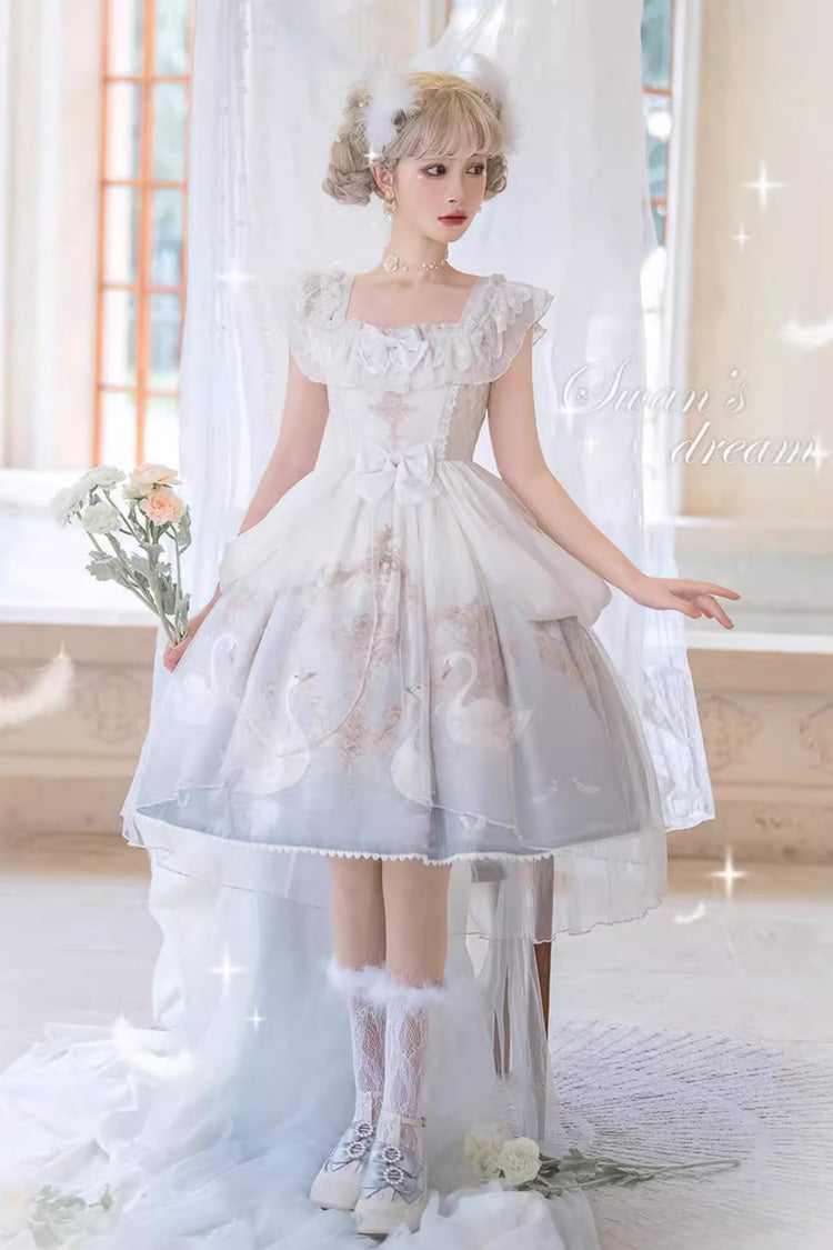 Swan Lake Print Ruffle Bowknot Elegant White Blue Lolita Jsk Dress - Flower and Letter