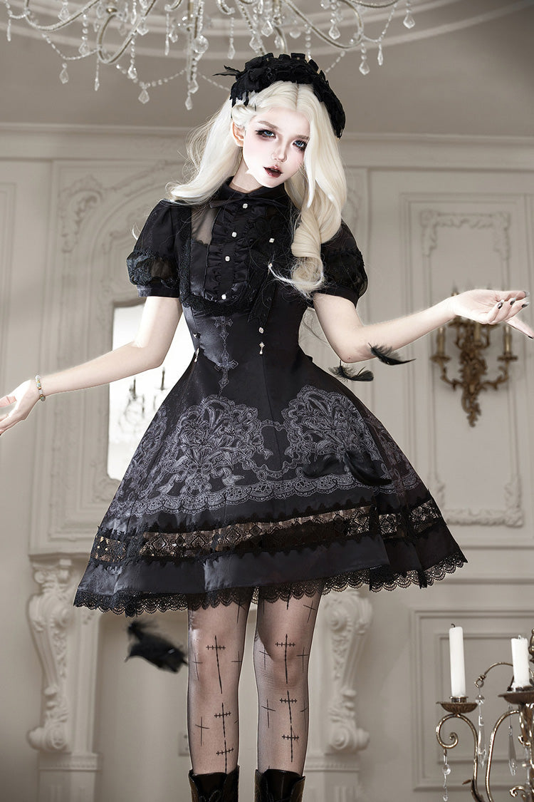 Black Classic Gothic Dress with Embroidered Lace