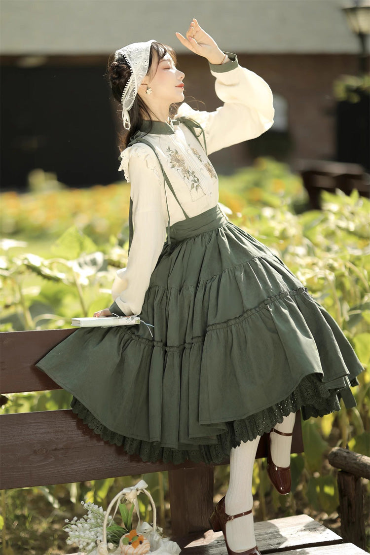 White/Green Country Sunflower Sweet Two-Piece Skirt Set - Sweet Lolita