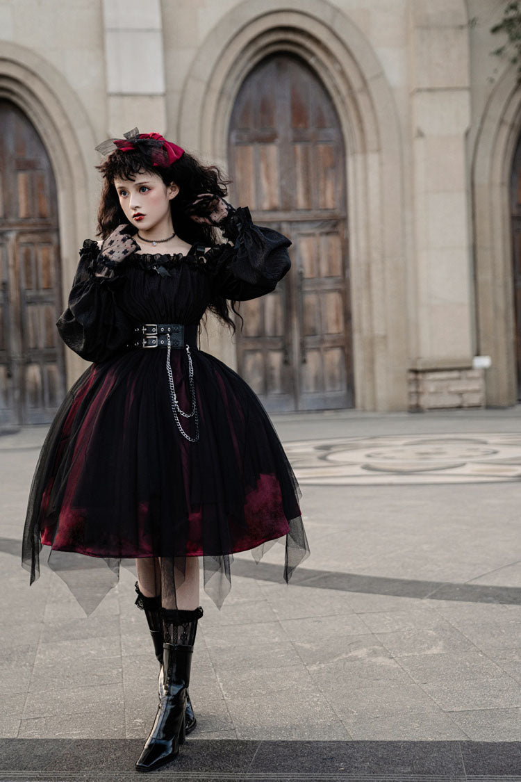 Black Boat Neck Gothic Lolita OP Dress Metal Chain Organza Stitching - Altfashion Shop