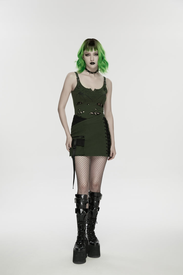 Off Shoulder Slim Ripped Buckled Spider Web Print Vest - Punk