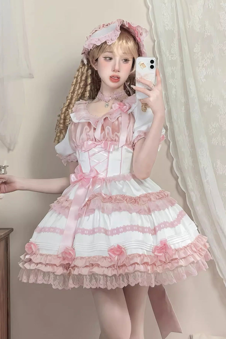 Ivory and Pink Peach Ice Short Sleeve Ruffled Ribbon Lace Sweet Lolita Dress