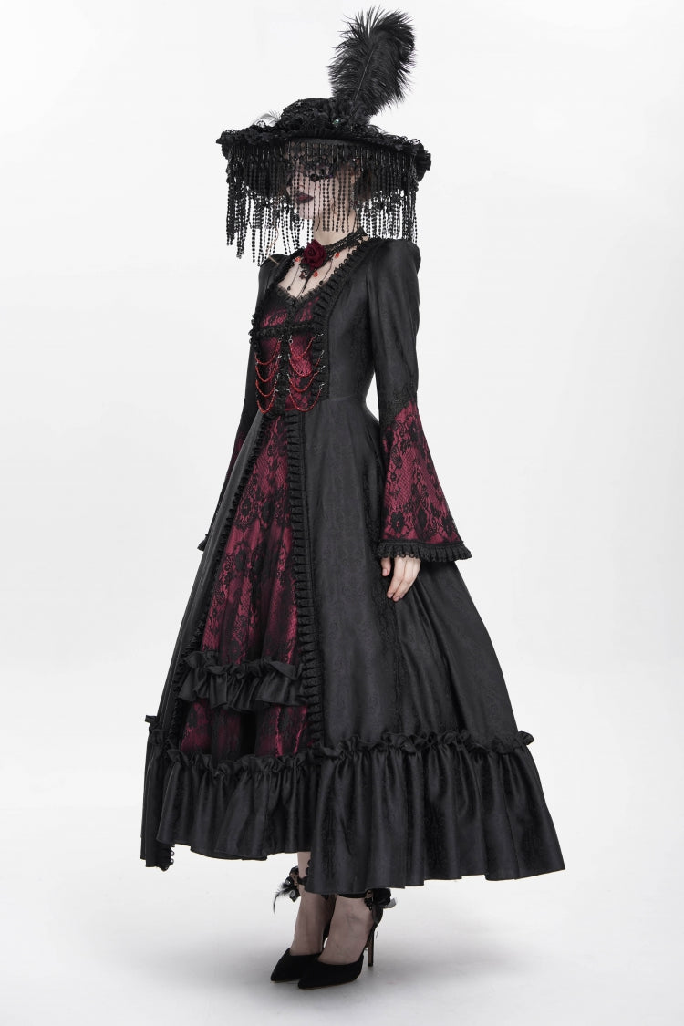 Scarlet Embroidered Lace-Up Pleated Gothic Dress