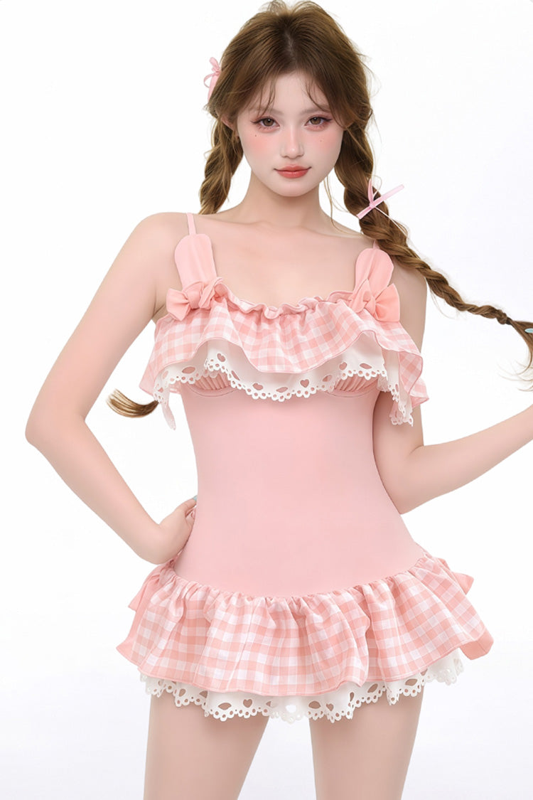 Pink Sleeveless Printed Ruffled Bow Lace Swimsuit