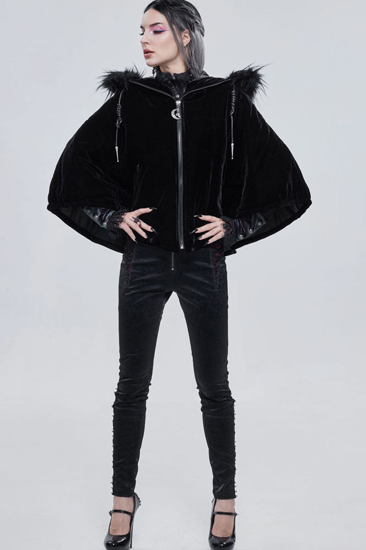 Gothic Velvet Shawl with Crescent Pendant, Zipper, Short Warm Cut