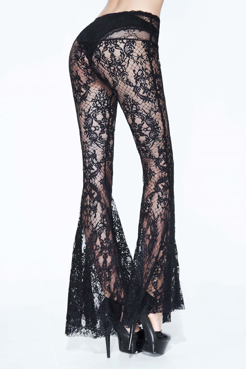 Beaded Lace Bellbottom Pants in Sheer Black