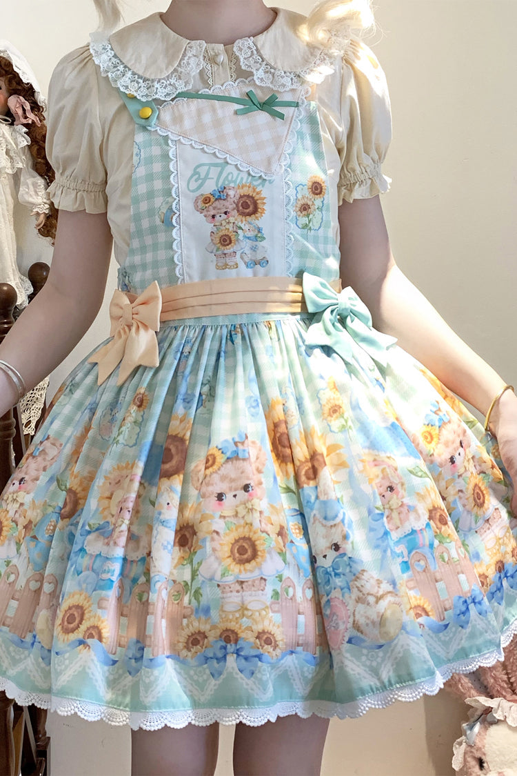 Kawaii Bears Sunflower Printed Multi-Color Bow Sweet Lolita Strap Dress - Miss Brown