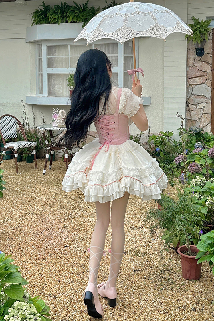 White & Pink Secret Garden Multi-Layer Ruffled Bow Lace-Up Sweet Princess Lolita JSK