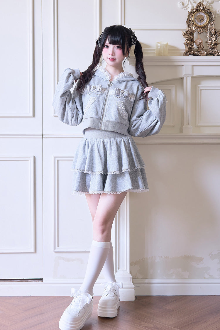 Hooded Bow Lace Hoodie & Skirt - Jirai Kei Set