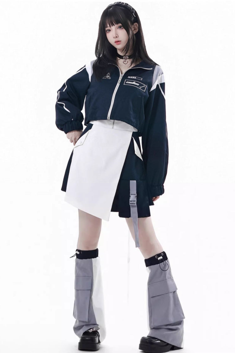 Blue/White Message Overload Techwear Long Sleeves Embroidered Asymmetric Zippered Jirai Kei Dress & Coat Set