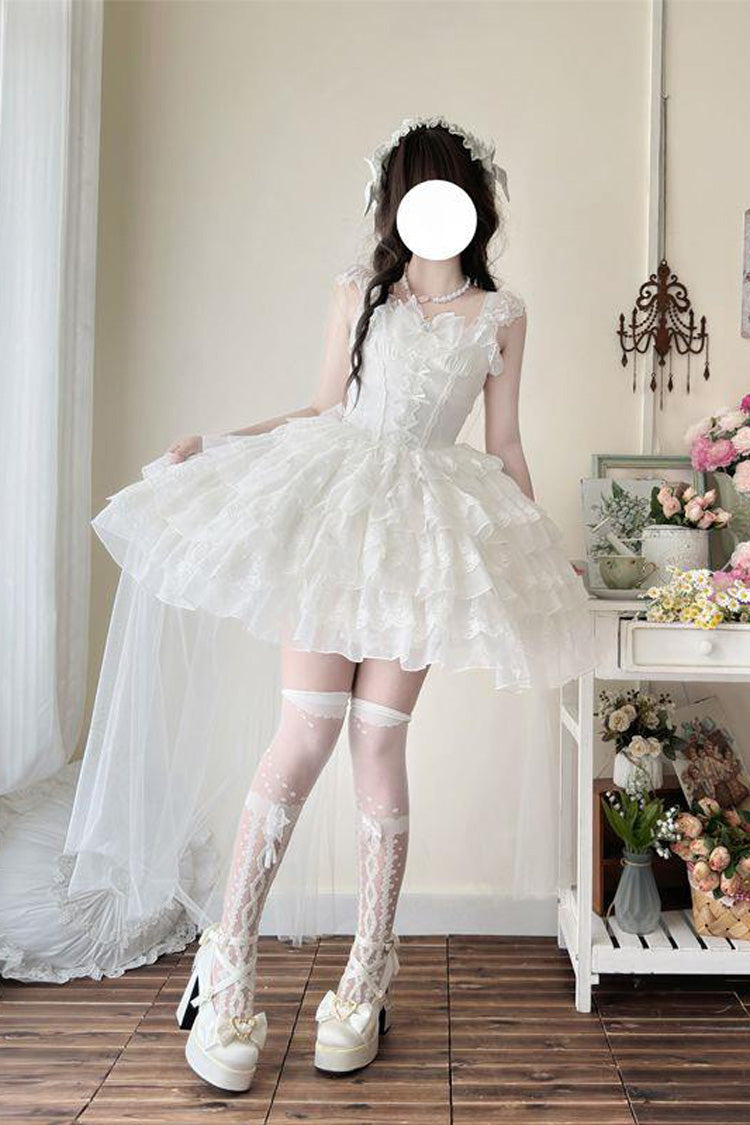 Ivory Sleeveless Multi Ruffle Bow Lace-Up Gothic Ballet JSK