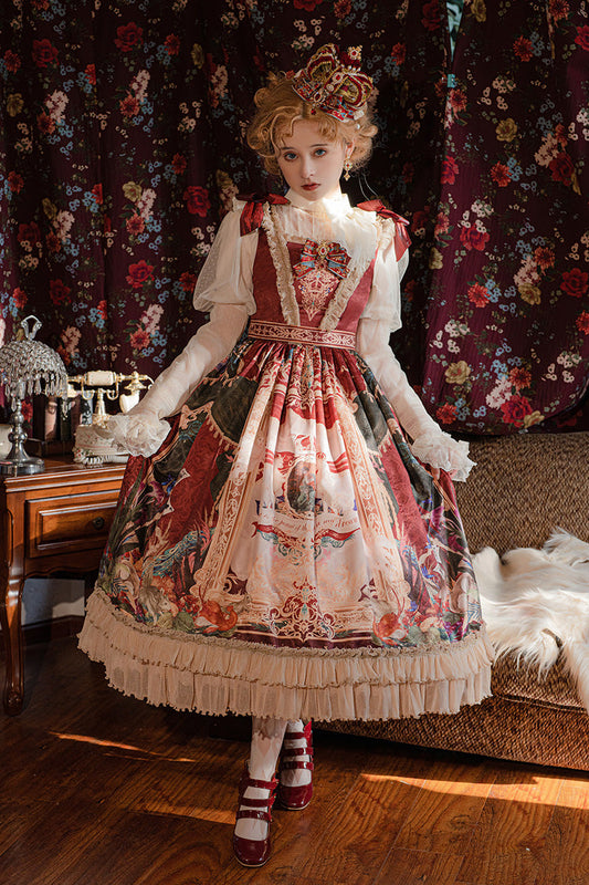 Red Kaleidoscope of Dreams Sleeveless Double-Layer Print Embroidery Bow Classic Vintage Gorgeous Jumper