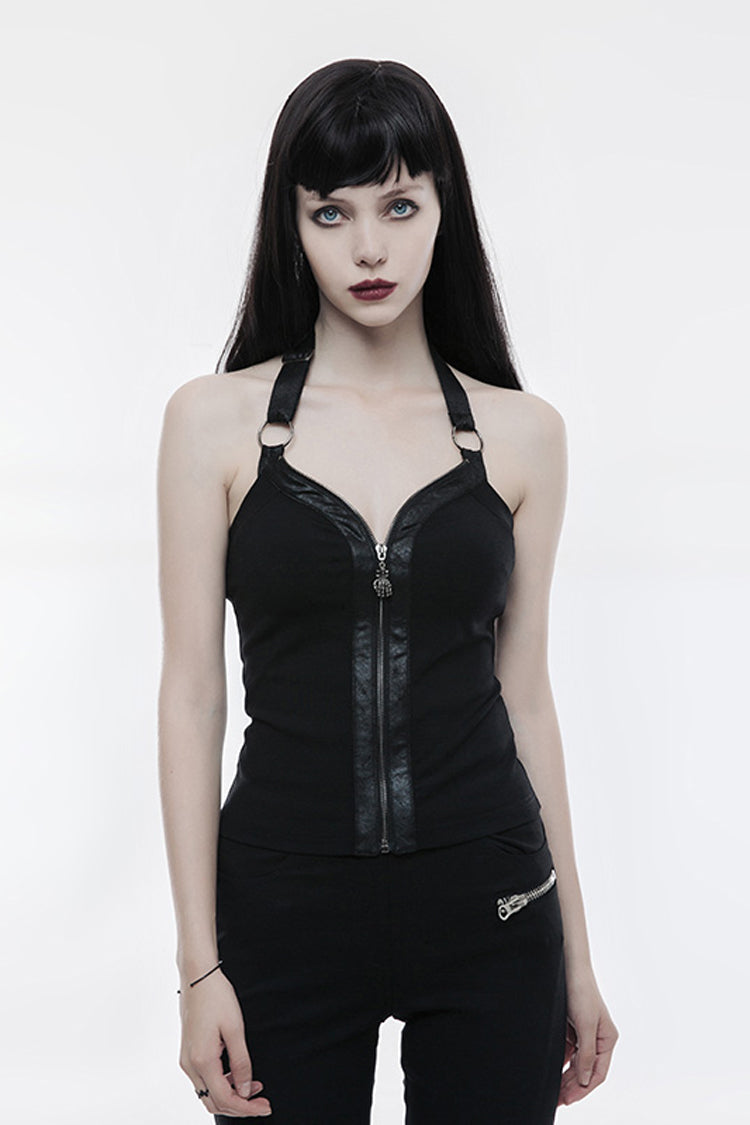 Chic Black Backless Embroidered Zipper Sleeveless Halter Punk Vest