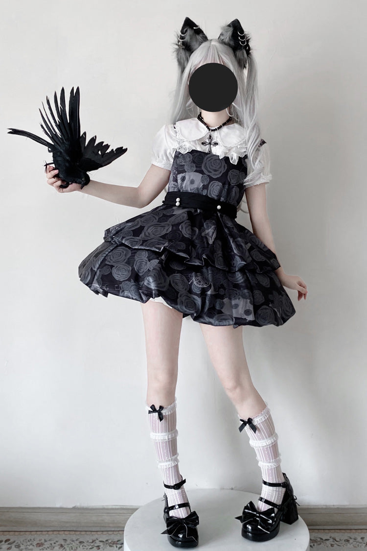 Midnight Rose Print Two-Layer Bowknot Gothic Lolita JSK Dress