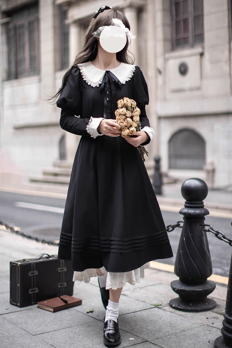 Black Doll Collar Long Sleeve Bow Classic Vintage Dress - Angelina