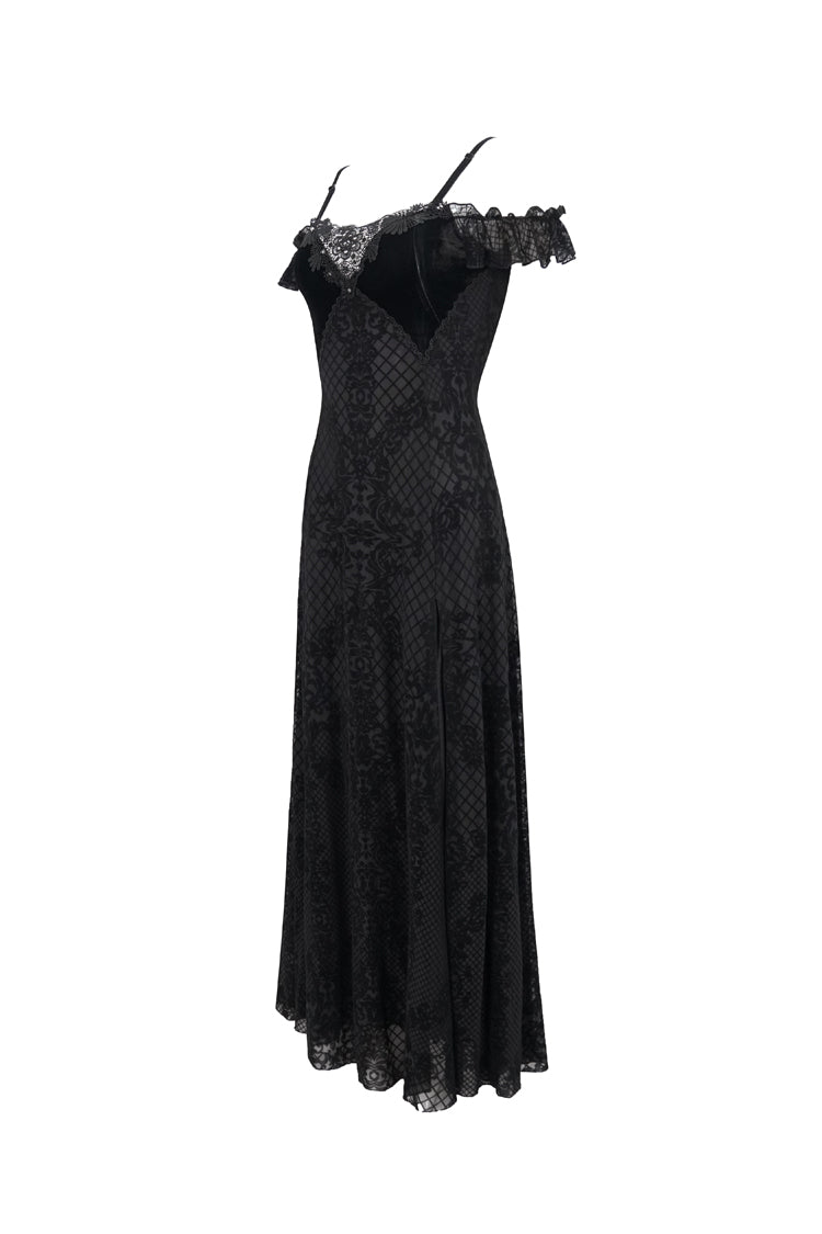 Raven Velvet Off-Shoulder Lace Gothic Dress with Ruffled Hem