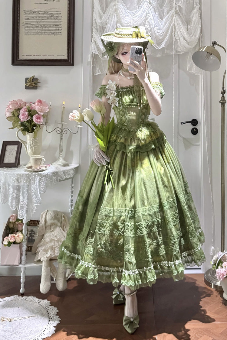 Green Sleeveless Lace-Up Sweet Jsk Dress Set with Bow - Mist-shrouded Vineyard