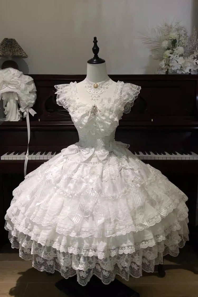 Ivory Moonlit Sakura Ode Sleeveless Tiered Ruffle Bow Lace Lolita Dress