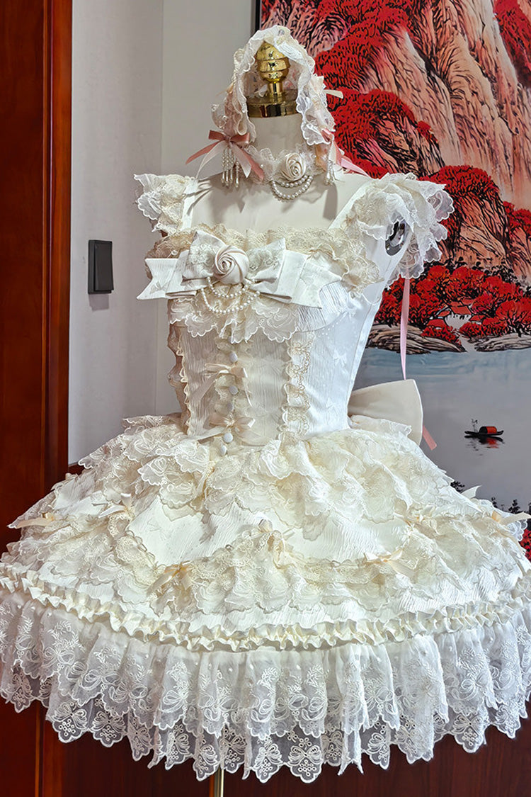 Apricot Ballet Lolita JSK Dress with Square Neckline Ruffles and Bow Lace Accents