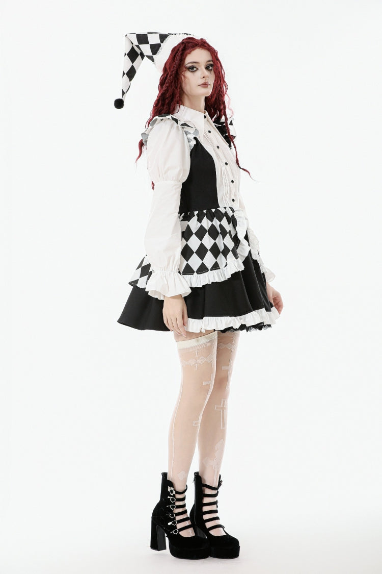 Black/White Puff Sleeve Lolita Dress with Point Collar