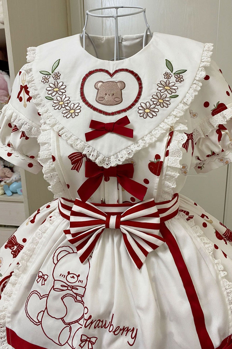 Red White Strawberry Bear Print Ruffle Bow Sweet Plus Lolita Dress